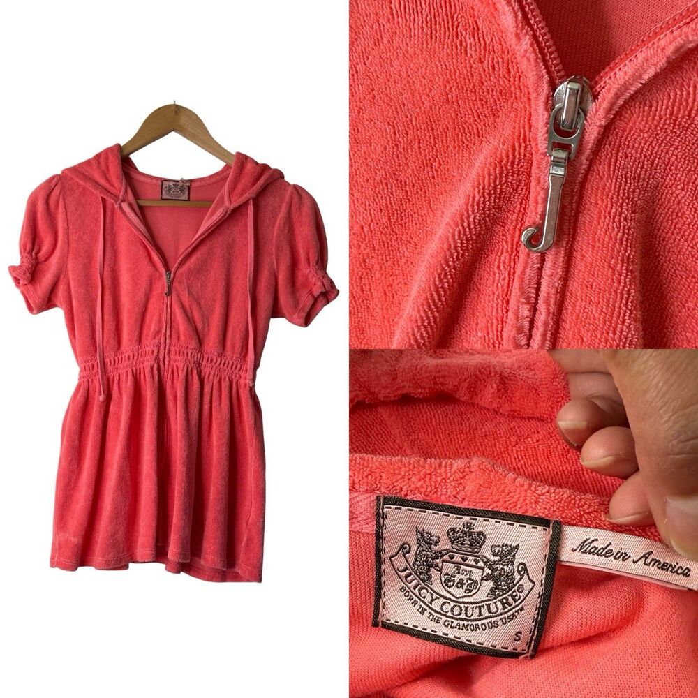 VTG Juicy Couture Pink Terry Cloth Hooded Dress Sz S Y2K J Zip Pool Cover Up USA